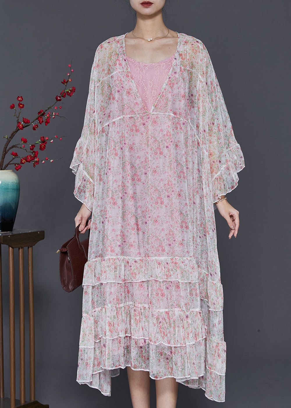 White Oversized Patchwork Chiffon Beach Dress Flare Sleeve