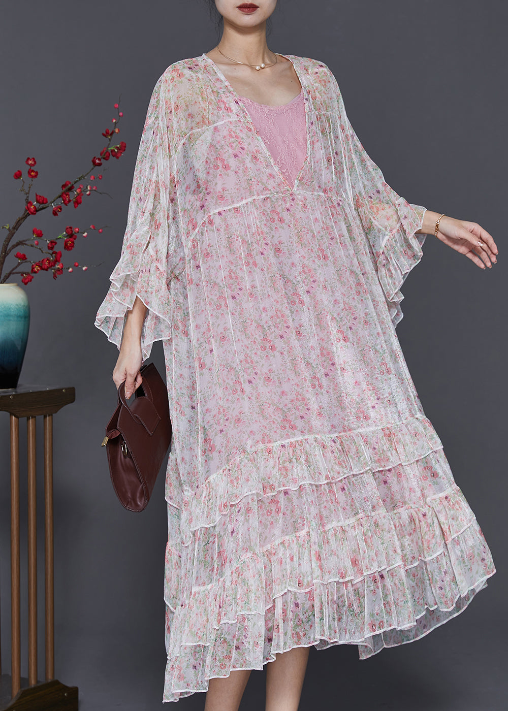 White Oversized Patchwork Chiffon Beach Dress Flare Sleeve