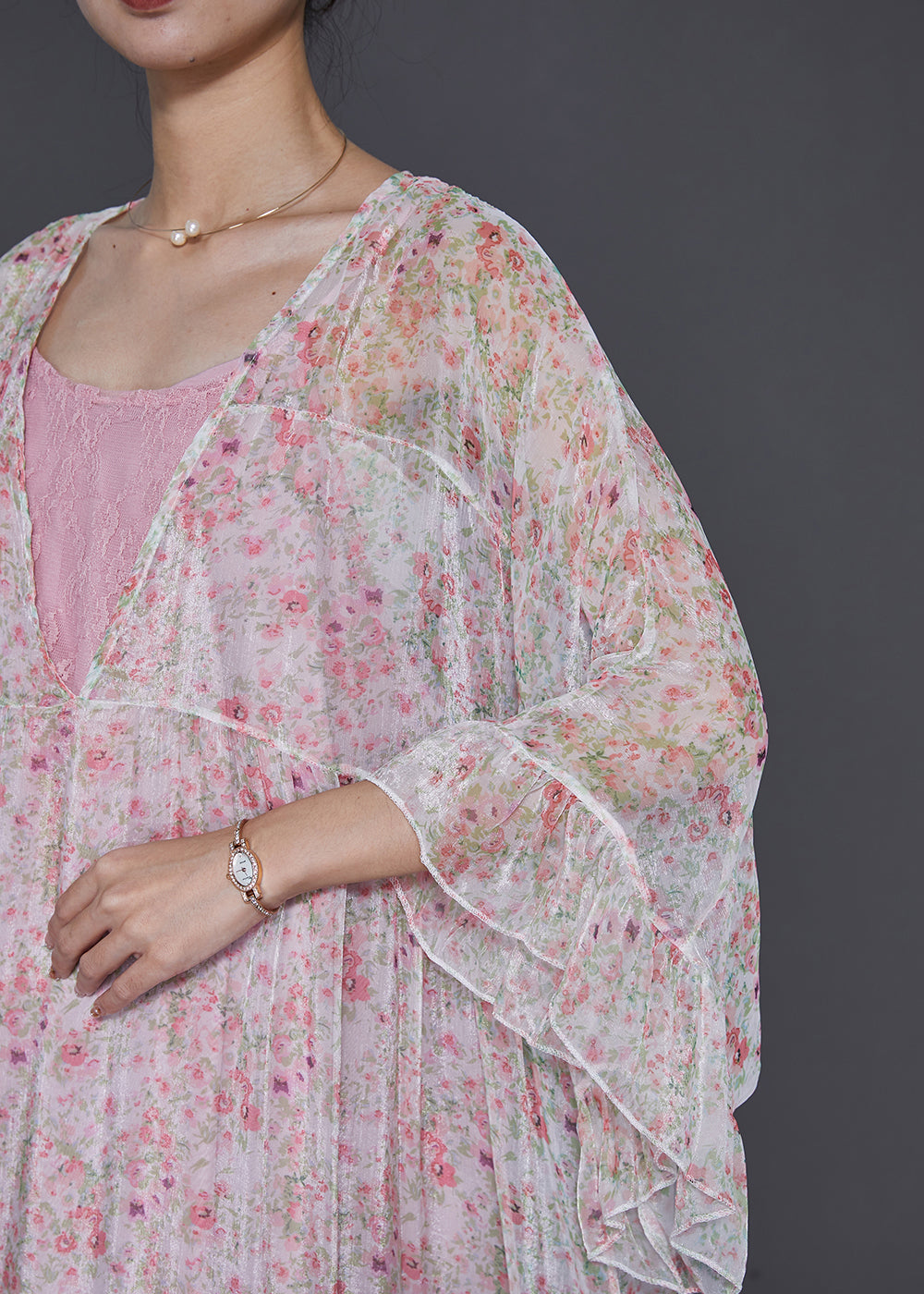White Oversized Patchwork Chiffon Beach Dress Flare Sleeve