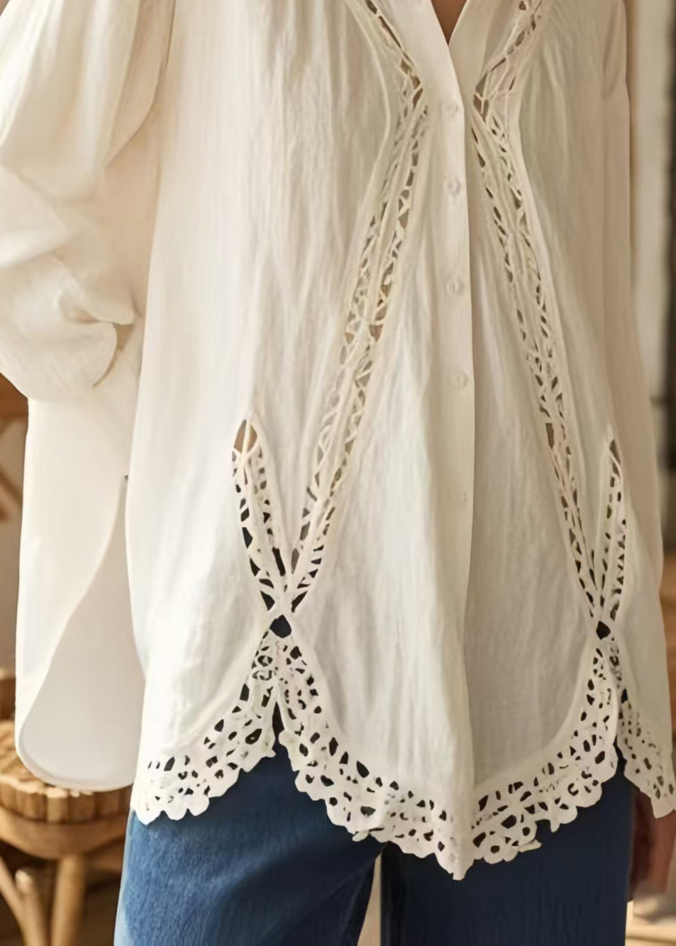 Bohemian White Oversized Patchwork Loose Shirts Spring