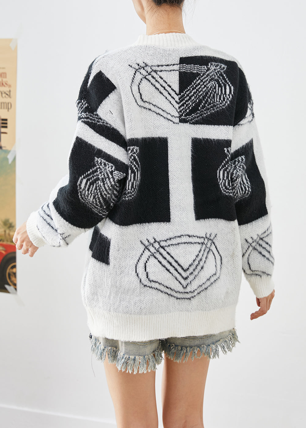 White Oversized Print Button Down Knit Cardigans Fall