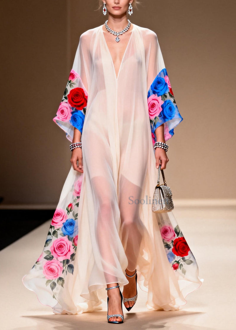 White Oversized Print Chiffon Vacation Dresses Summer