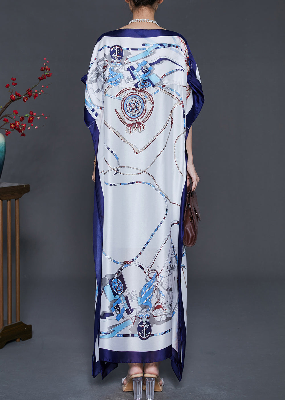 White Oversized Print Silk Maxi Dress Summer