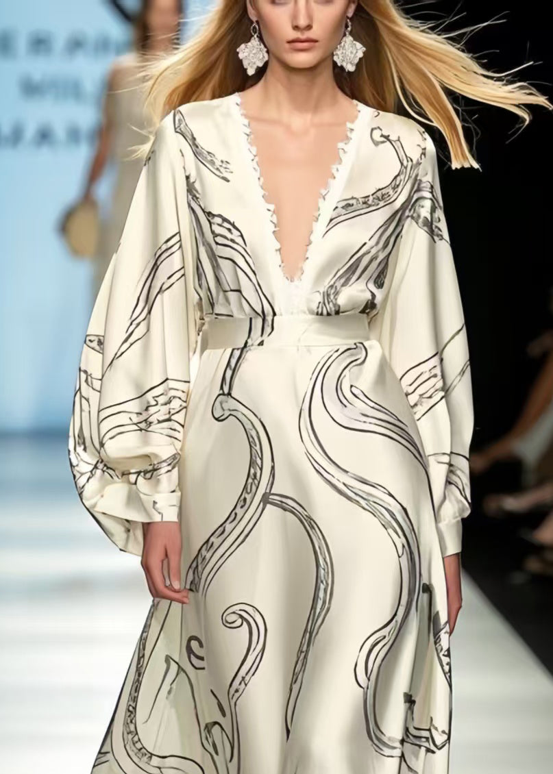White Oversized Print Silk Vacation Dresses Spring