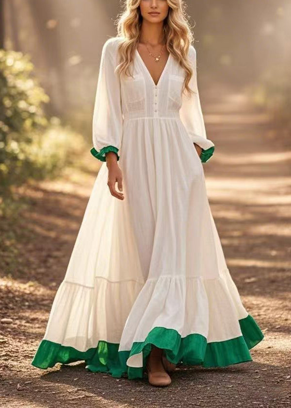 White Patchwork Exra Large Hem Cotton Long Dress Spring