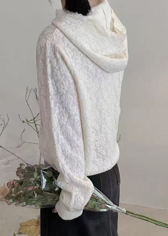 White Pearl Pockets Hooded Cotton Knit Sweaters Lantern Sleeve