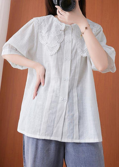 White Peter Pan Collar Button Cotton Linen Tops Summer