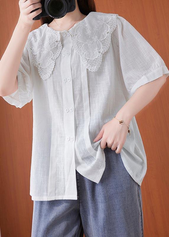 White Peter Pan Collar Button Cotton Linen Tops Summer