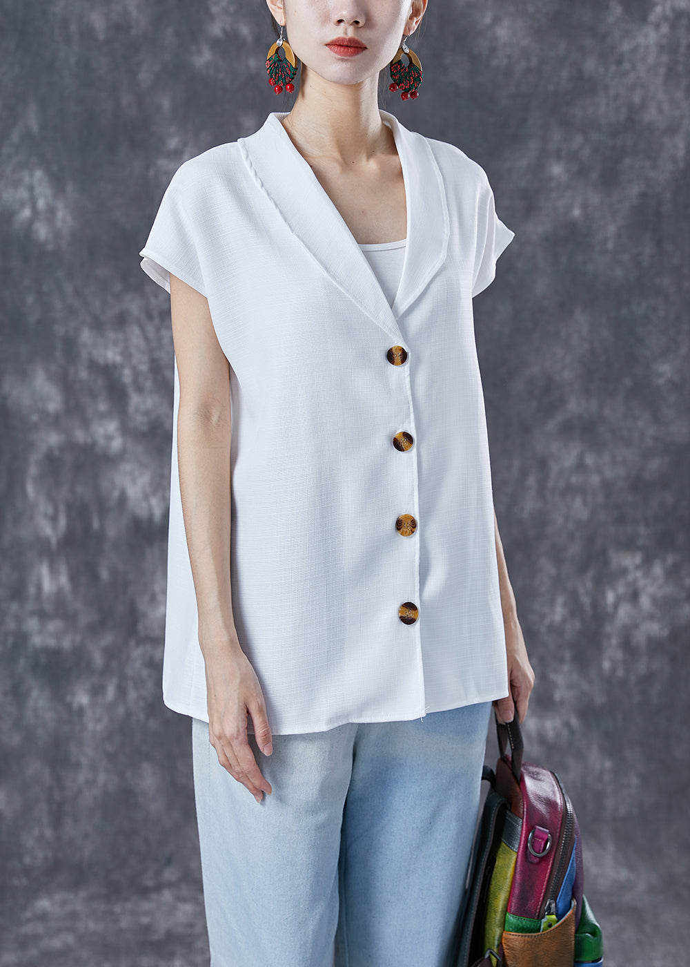 White Peter Pan Collar Button Linen Top Short Sleeve