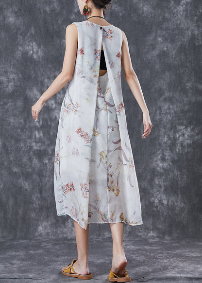 White Print Backless Linen Holiday Dress Summer