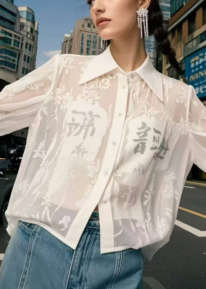White Print Chiffon Upf 50+ Shirts Spring