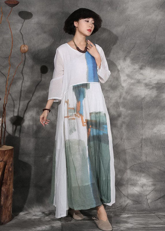 White Print Cotton Long Dress Spring