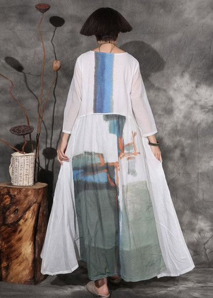 White Print Cotton Long Dress Spring