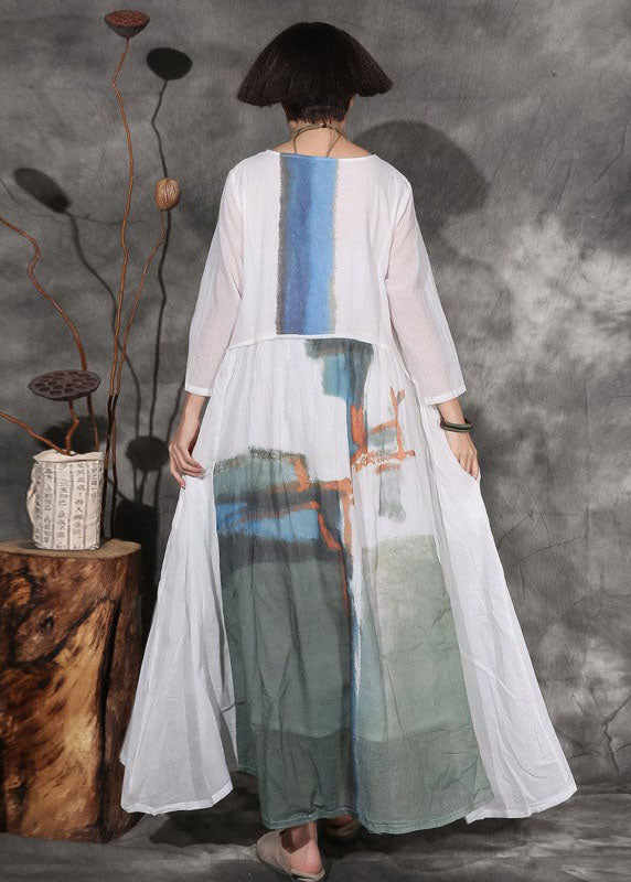 White Print Cotton Long Dress Spring