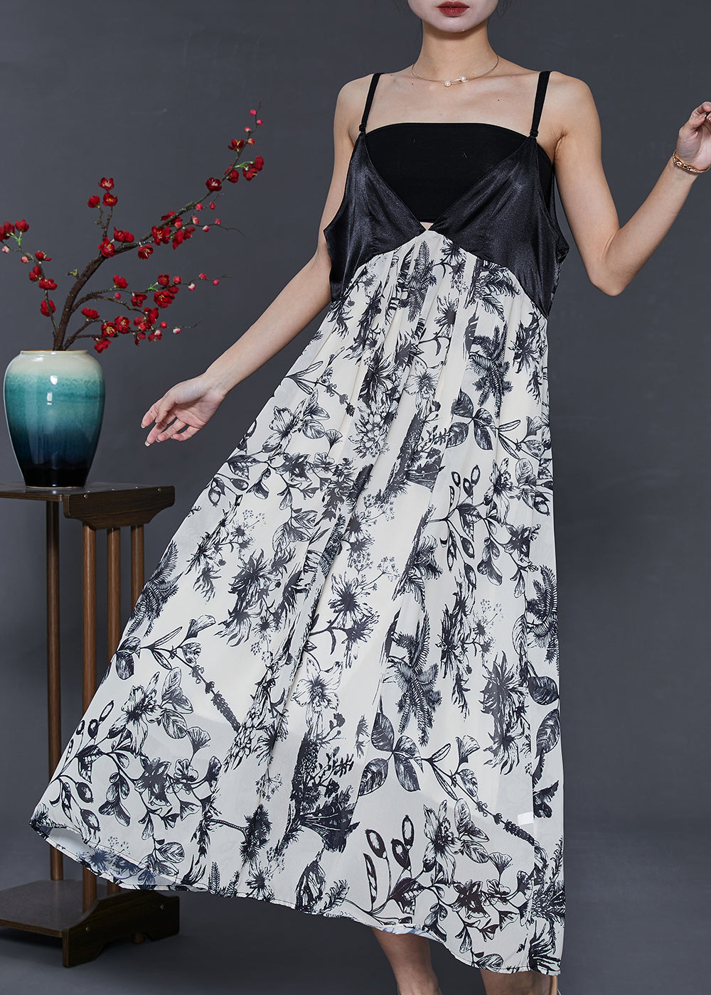 White Print Patchwork Chiffon Bustier Top Dress Summer