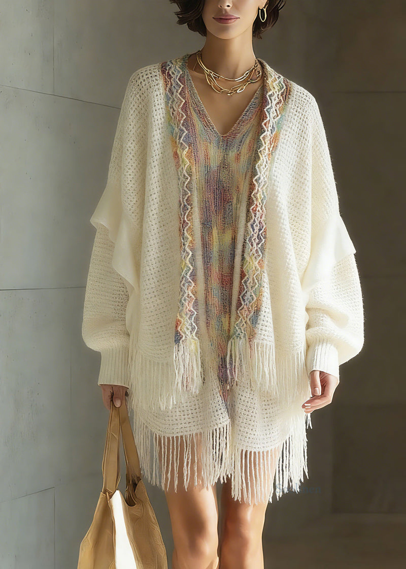 White Print Patchwork Tassel Knit Cardigan Spring