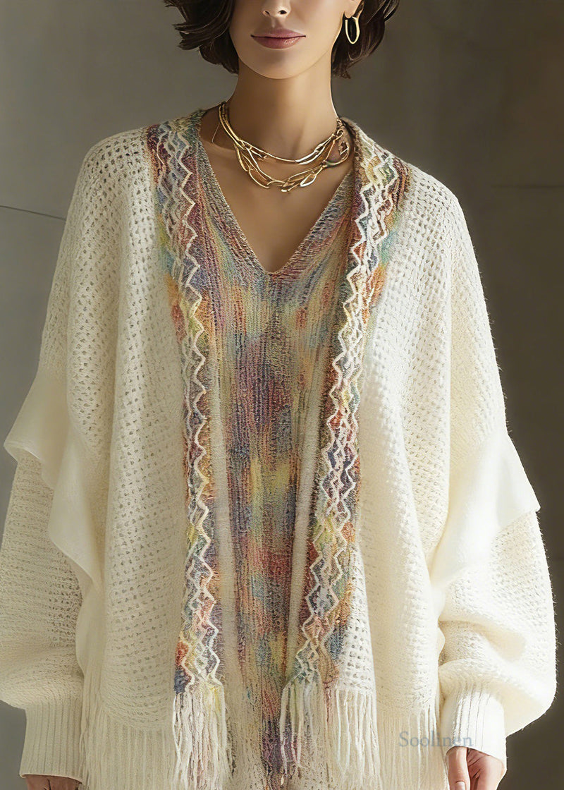 White Print Patchwork Tassel Knit Cardigan Spring