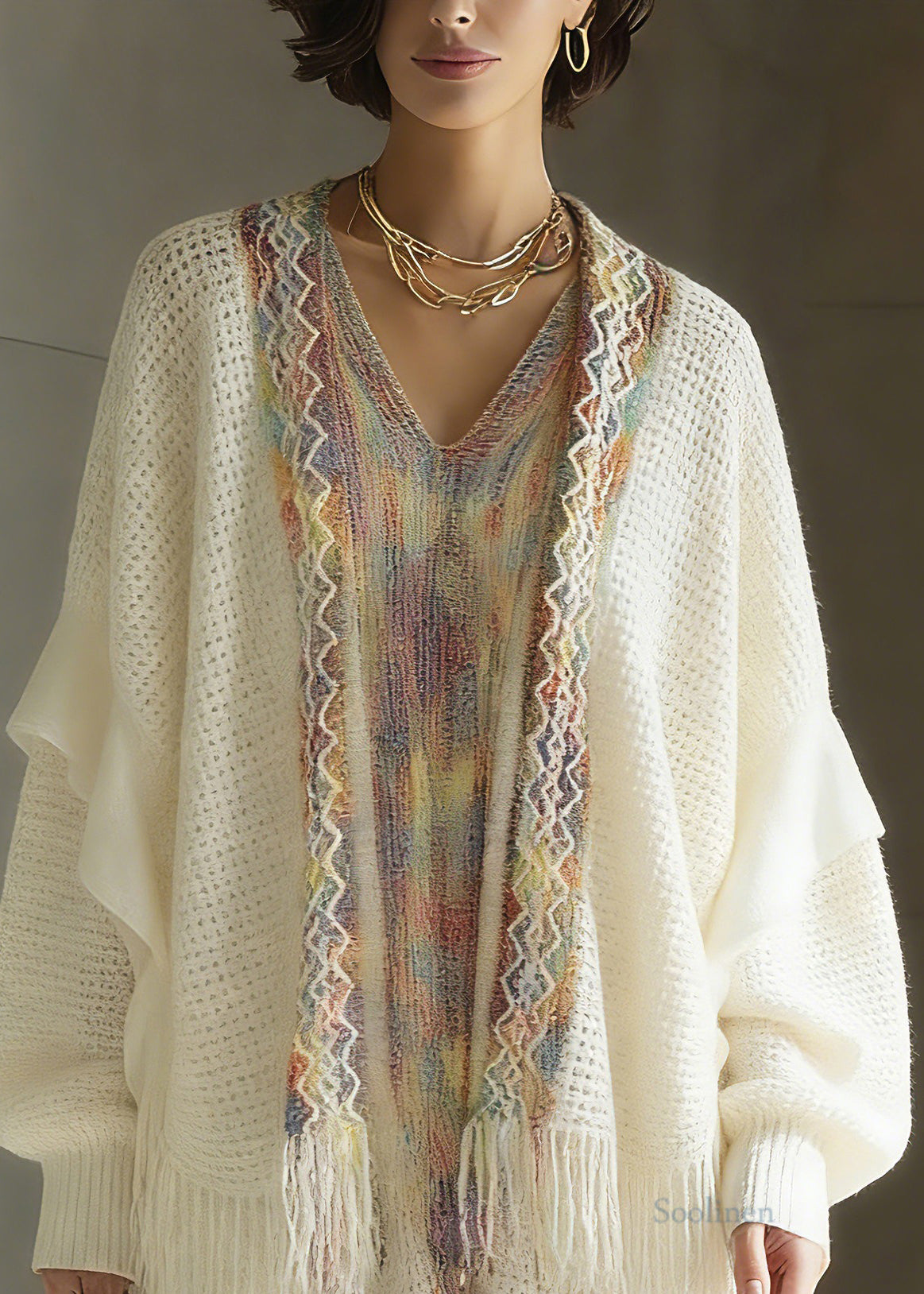 White Print Patchwork Tassel Knit Cardigan Spring