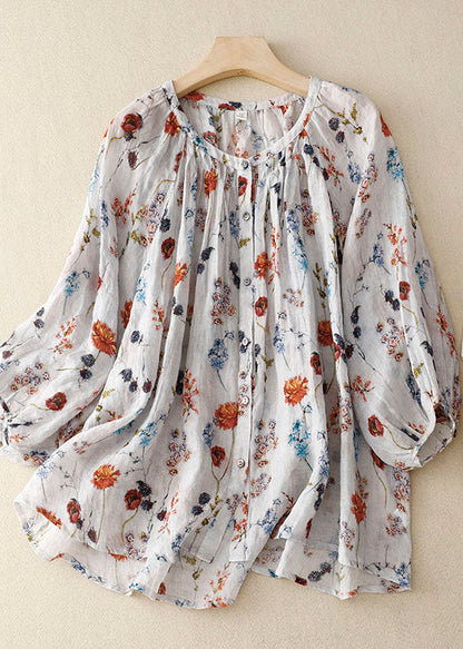 White Print Wrinkled Patchwork Linen Shirt Lantern Sleeve