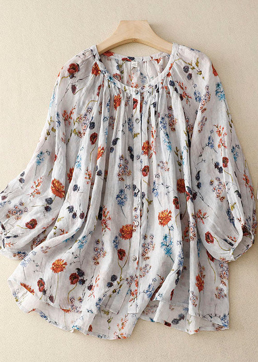 White Print Wrinkled Patchwork Linen Shirt Lantern Sleeve
