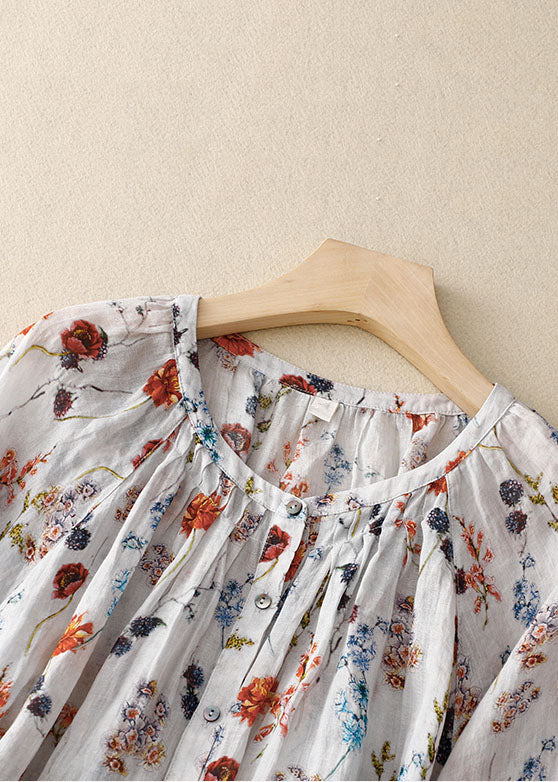 White Print Wrinkled Patchwork Linen Shirt Lantern Sleeve