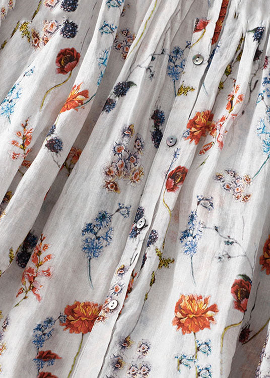 White Print Wrinkled Patchwork Linen Shirt Lantern Sleeve