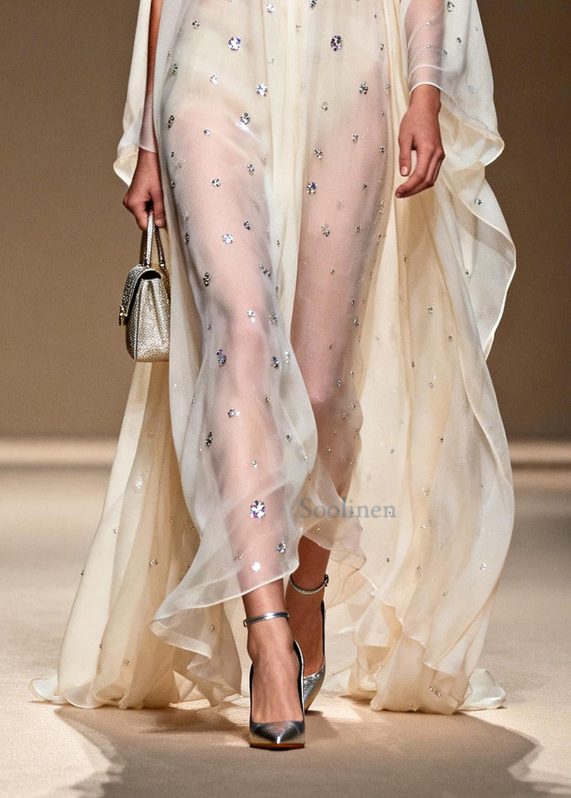 White Rhinestone Cold Shoulder Chiffon Sheer Dress Summer