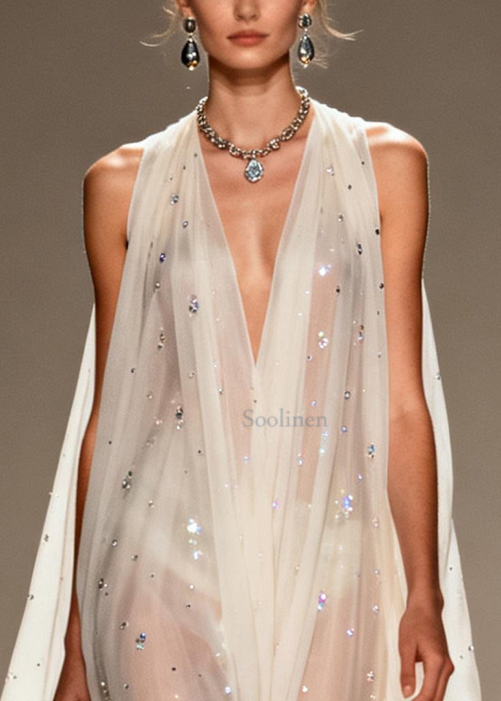 White Rhinestone Draping Chiffon Sheer Dress Sleeveless