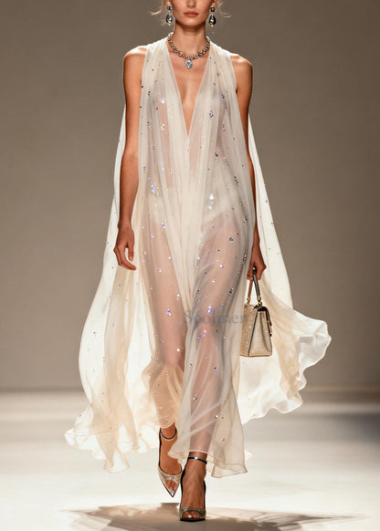White Rhinestone Draping Chiffon Sheer Dress Sleeveless