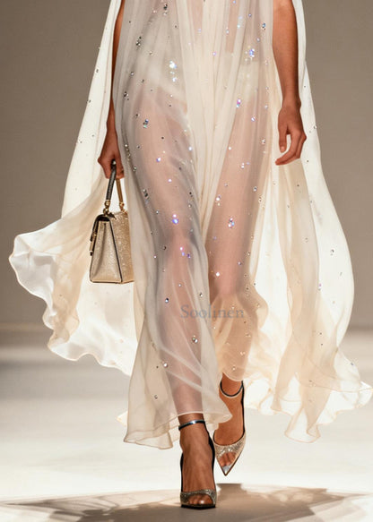 White Rhinestone Draping Chiffon Sheer Dress Sleeveless