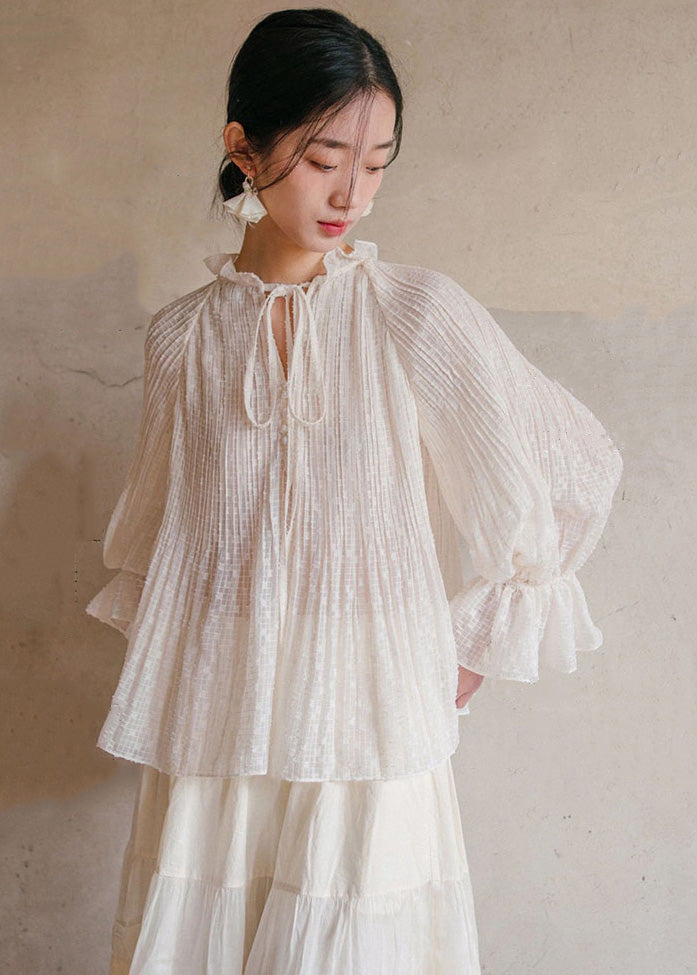 White Ruffled Lace Up Cotton Blouses Lantern Sleeve