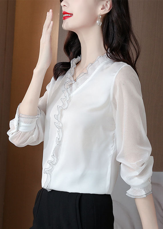White Ruffled Patchwork Silk Blouses Long Sleeve