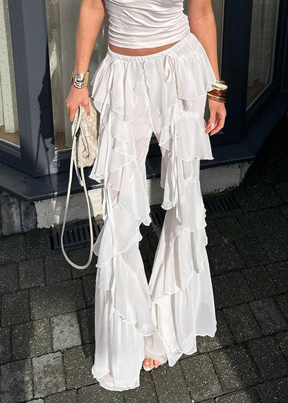 White Ruffles Tulle Bell-bottom Trousers Summer