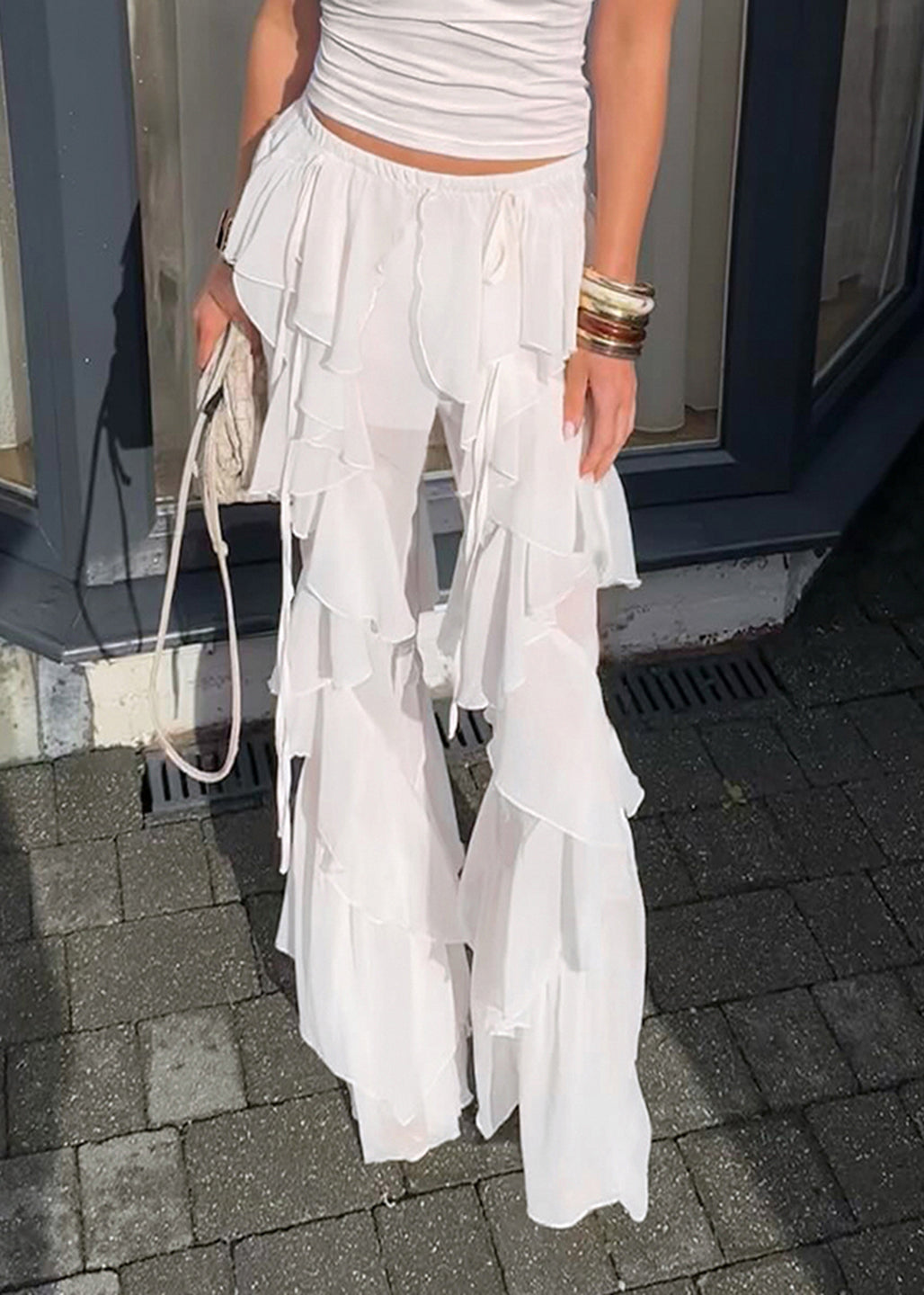 White Ruffles Tulle Bell-bottom Trousers Summer