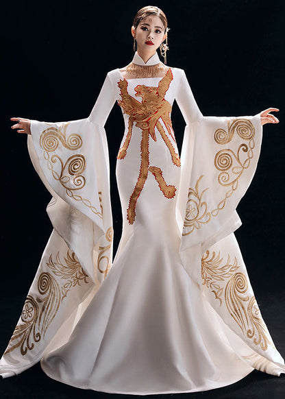 White Stand Collar Embroidered Silk Fishtail Long Dresses Long Sleeve
