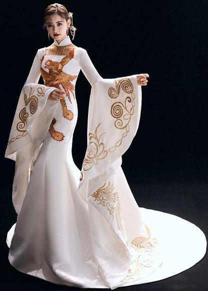 White Stand Collar Embroidered Silk Fishtail Long Dresses Long Sleeve