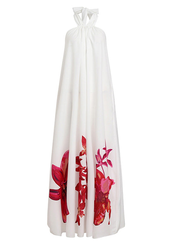 White Summer Sundress Halter Print Long Dresses