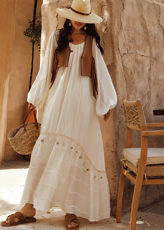 White Tasseled Hollow Out Cotton Holiday Dress Spring