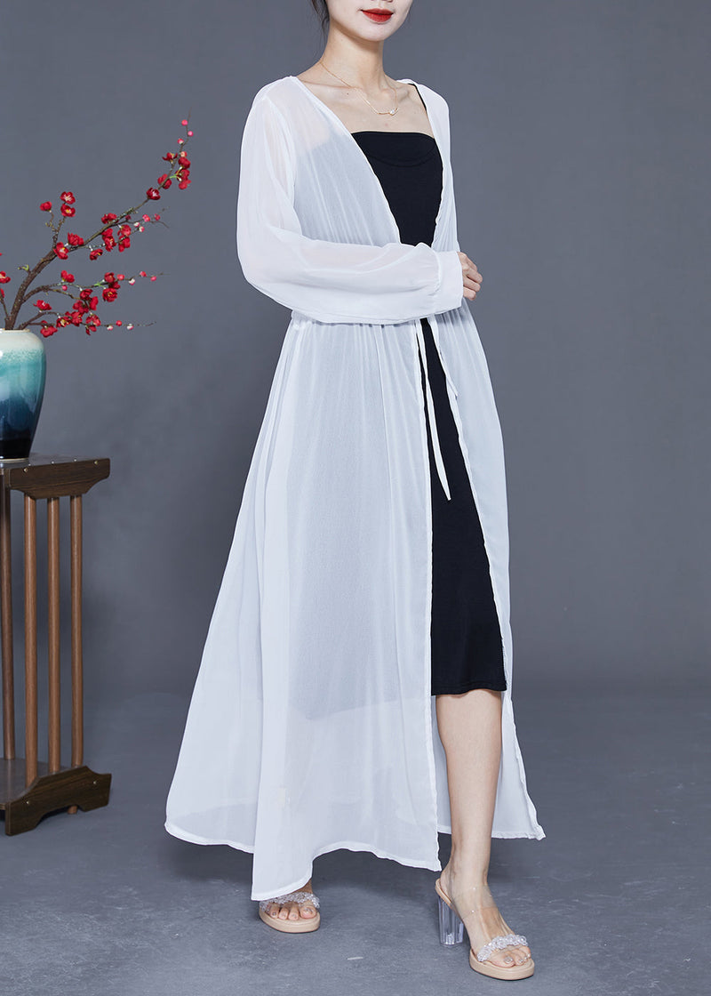 White Tie Waist Exra Large Hem Chiffon Upf 50+ Coat Summer