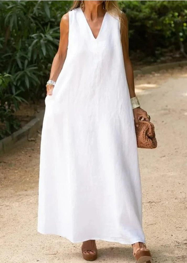 White V Neck Cotton a Line Dress Sleeveless