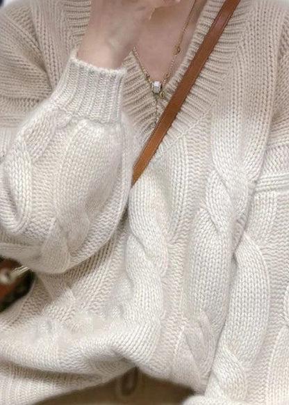White V Neck Cozy Cable Knit Sweater Tops Winter