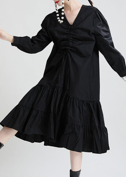 White V Neck Drawstring Exra Large Hem Cotton Maxi Dress Fall