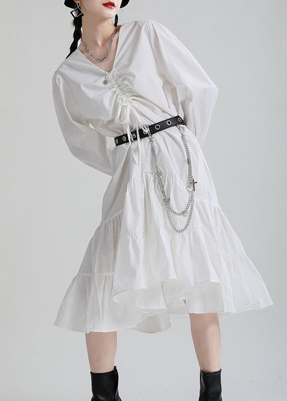 White V Neck Drawstring Exra Large Hem Cotton Maxi Dress Fall