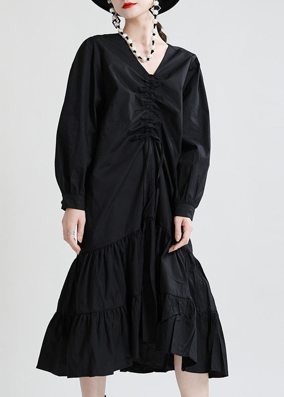White V Neck Drawstring Exra Large Hem Cotton Maxi Dress Fall