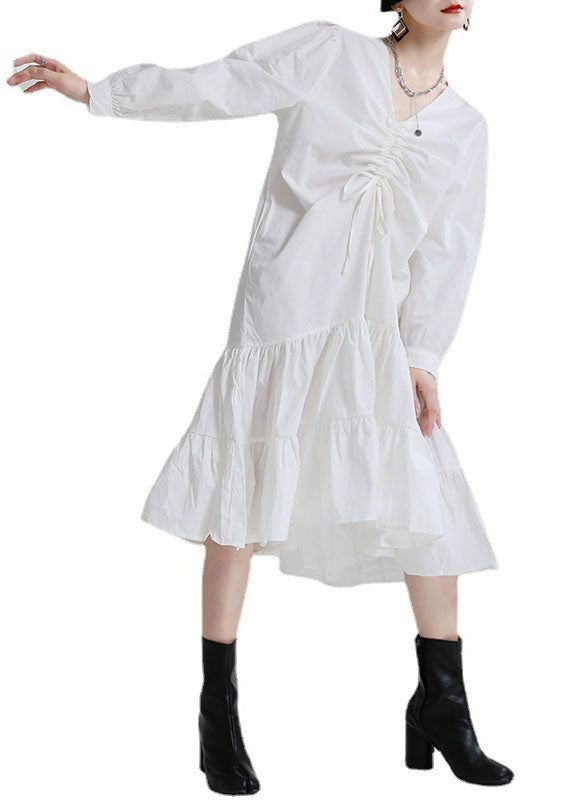 White V Neck Drawstring Exra Large Hem Cotton Maxi Dress Fall