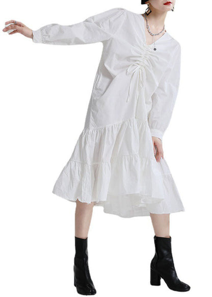 White V Neck Drawstring Exra Large Hem Cotton Maxi Dress Fall