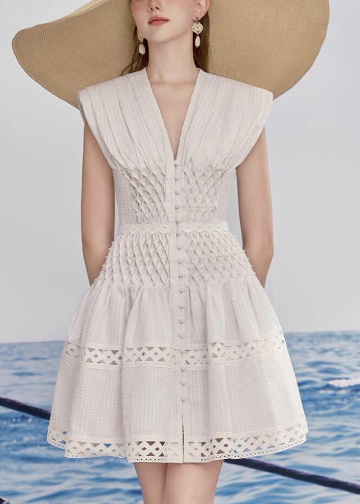 White V Neck Hollow Out Cotton Mid Dress Summer
