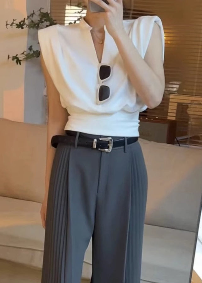 White V Neck Patchwork Cotton Top Sleeveless