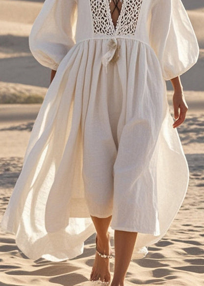 White V Neck Patchwork Lace Long Dresses Lantern Sleeve