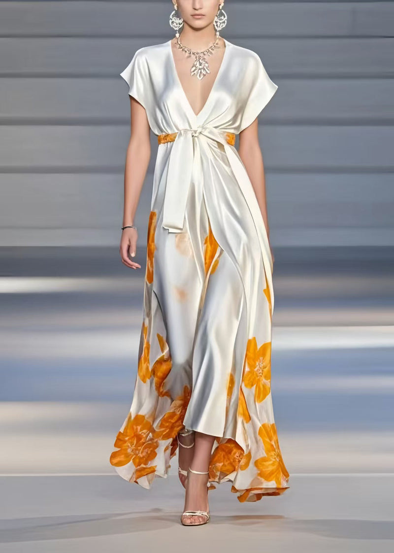 White V Neck Print Silk Cinched Dress Summer